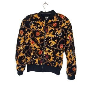 First Option Vintage Status Print Quilted Zipper Jacket EUC Sz M Rayon Gold Blk